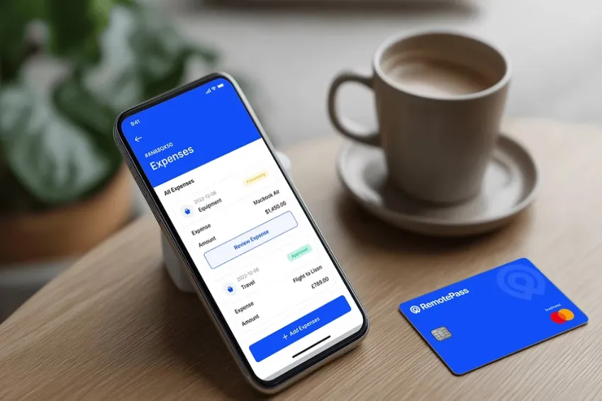 Smartphone displaying an expense tracking app on a wooden table beside a coffee cup and blue payment card.